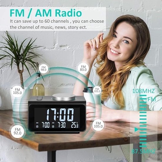 Igoods IGOODS - Wekkerradio - Digitale wekker - Snooze/slaap-functie - Met dimbaar display - Dual USB