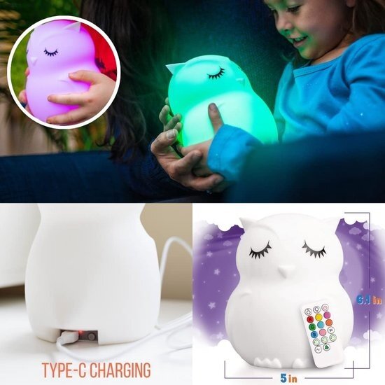 Igoods Igoods 8 kleurige LED kinder Nachtlampje - uil - Kinderkamerlamp - Slaaphulp