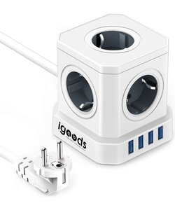 Igoods Kubus Stekkerdoos met Schakelaar - 4 USB Poorten - 5 Stopcontacten - Wit
