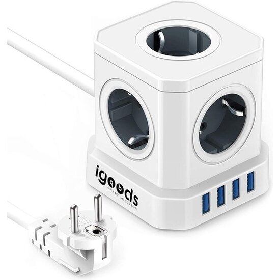 Igoods Igoods Kubus Stekkerdoos met Schakelaar - 4 USB Poorten - 5 Stopcontacten - Wit