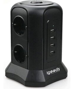 Igoods Verticale Stekkerdoos - Power Socket - PowerCube - Stekkerblok - Verdeelstekker - 6 Stopcontacten 4 USB Poorten - Inclusief Draadloze Telefoonlader - 2500W