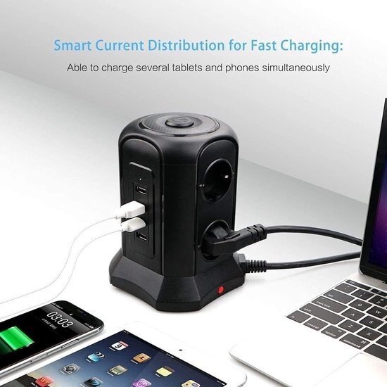 Igoods Igoods Verticale Stekkerdoos - Power Socket - PowerCube - Stekkerblok - Verdeelstekker - 6 Stopcontacten 4 USB Poorten - Inclusief Draadloze Telefoonlader - 2500W