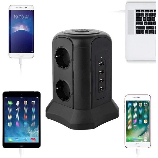 Igoods Igoods Verticale Stekkerdoos - Power Socket - PowerCube - Stekkerblok - Verdeelstekker - 6 Stopcontacten 4 USB Poorten - Inclusief Draadloze Telefoonlader - 2500W