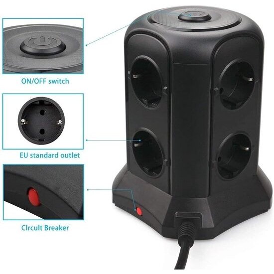 Igoods Igoods Verticale Stekkerdoos - Power Socket - PowerCube - Stekkerblok - Verdeelstekker - 6 Stopcontacten 4 USB Poorten - Inclusief Draadloze Telefoonlader - 2500W