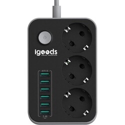 IGOODS Premium Stekkerdoos | Contactdoos met 6USB ingangen | Verdeeldoos | 1.60M Snoer | Aan/Uitschakelaar | Geschikt voor Apple / Samsung / LG / Huawei / HTC | Zwart