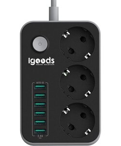 IGOODS Premium Stekkerdoos | Contactdoos met 6USB ingangen | Verdeeldoos | 1.60M Snoer | Aan/Uitschakelaar | Geschikt voor Apple / Samsung / LG / Huawei / HTC | Zwart