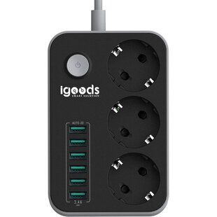 IGOODS Premium Stekkerdoos | Contactdoos met 6USB ingangen | Verdeeldoos | 1.60M Snoer | Aan/Uitschakelaar | Geschikt voor Apple / Samsung / LG / Huawei / HTC | Zwart