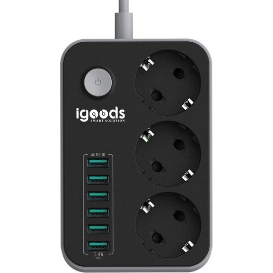 Igoods IGOODS Premium Stekkerdoos | Contactdoos met 6USB ingangen | Verdeeldoos | 1.60M Snoer | Aan/Uitschakelaar | Geschikt voor Apple / Samsung / LG / Huawei / HTC | Zwart