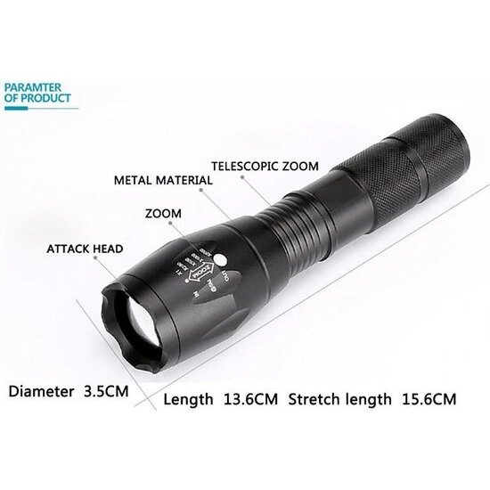 Igoods IGOODS - LED Zaklamp - Wit Licht- licht gewicht - Militaire zaklamp - LED zaklamp - Inzoombaar