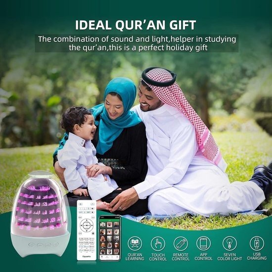 Igoods Igoods Koran Speaker - Koran Voor Jong en Oud - 3D 99 Namen van Allah - App Compatibel - Nachtlampje Bluetooth Speaker - Koran in 16 Talen - 16 Reciteurs
