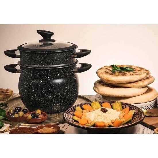 Royalty Line Couscous Pan - Stoompan - 15 Liter - Rijst en Groentestomer - Multisteamer Voor Alle Warmtebronnen - Aluminium - Met Glazen Deksel - Zwart
