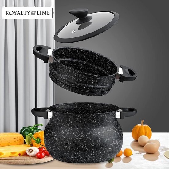Royalty Line Couscous Pan - Stoompan - 15 Liter - Rijst en Groentestomer - Multisteamer Voor Alle Warmtebronnen - Aluminium - Met Glazen Deksel - Zwart