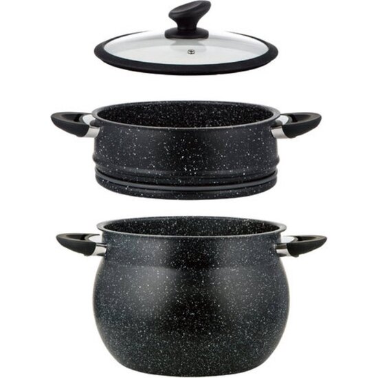 Royalty Line Couscous Pan - Stoompan - 15 Liter - Rijst en Groentestomer - Multisteamer Voor Alle Warmtebronnen - Aluminium - Met Glazen Deksel - Zwart