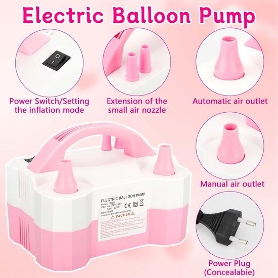 Igoods Igoods Elektrische ballonnenpomp - Opblaasapparaat - Ballonpomp - Luchtballonpomp met Twee Sproeiers - Wit/Roze