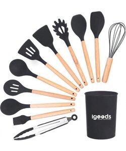 Igoods Keukengerei Set Siliconen - 12-Delig Kookgerei Set - Inclusief Gebruiksvoorwerp Houder - Antikleef - Anti-Kras Kookgerei - Keukengereedschap Met Houten Handvat - Zwart