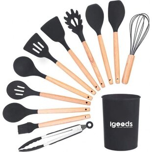 Igoods Keukengerei Set Siliconen - 12-Delig Kookgerei Set - Inclusief Gebruiksvoorwerp Houder - Antikleef - Anti-Kras Kookgerei - Keukengereedschap Met Houten Handvat - Zwart