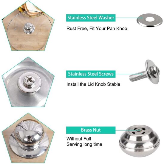 Igoods Igoods Dekselknop - Vervangende Handgreep voor Glazen Deksel - RVS Cover Button - Voor Potten- en Pannendeksels - Ø6mm Schroef
