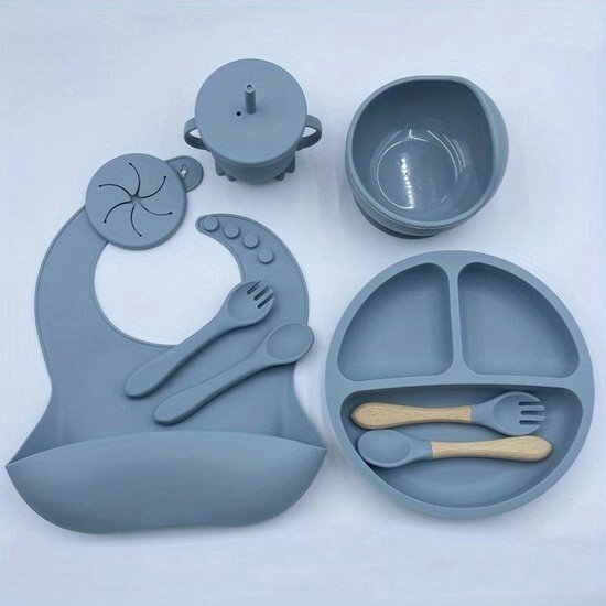 Igoods Igoods Babyservies - Kinderservies - Met Placemat - Siliconen - Antislip - 10-delig - Onbreekbaar - Vaatwasserbestendig - Magnetronbestendig - Vriesbestendig - Blauw