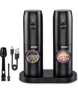 Igoods Peper- en Zoutmolens - Kruidenmolen - Peper- en Zoutstellen - Pepermolen - USB-C - Incl Standaard - Zwart - 2 Stuks