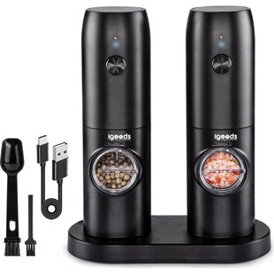 Igoods Peper- en Zoutmolens - Kruidenmolen - Peper- en Zoutstellen - Pepermolen - USB-C - Incl Standaard - Zwart - 2 Stuks