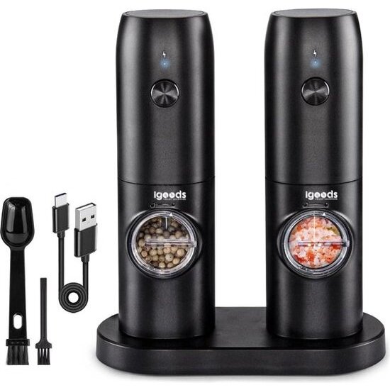 Igoods Igoods Peper- en Zoutmolens - Kruidenmolen - Peper- en Zoutstellen - Pepermolen - USB-C - Incl Standaard - Zwart - 2 Stuks