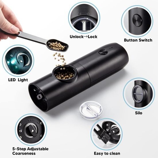 Igoods Igoods Peper- en Zoutmolens - Kruidenmolen - Peper- en Zoutstellen - Pepermolen - USB-C - Incl Standaard - Zwart - 2 Stuks