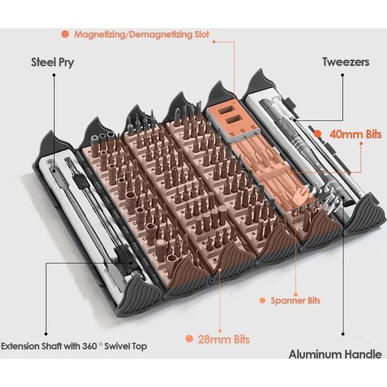 Igoods Igoods Schroevendraaierset - Cilindervormige Schroevendraaierset - 128-Delig - Precisie Schroevendraaier Set - Grijs