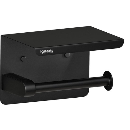 Igoods Igoods Toiletrolhouder Zwart - Toiletpapierhouder Met Plankje - WC Rolhouder - Toilethouder