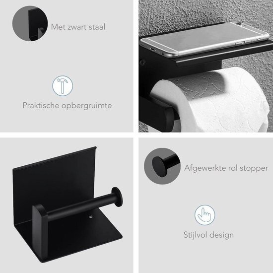 Igoods Igoods Toiletrolhouder Zwart - Toiletpapierhouder Met Plankje - WC Rolhouder - Toilethouder