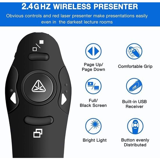 Imtex Imtex Draadloze presenter met laser pointer - Presentatie klikker - 2.4 GHz - 15m - MacOS, Windows, Android - Zwart