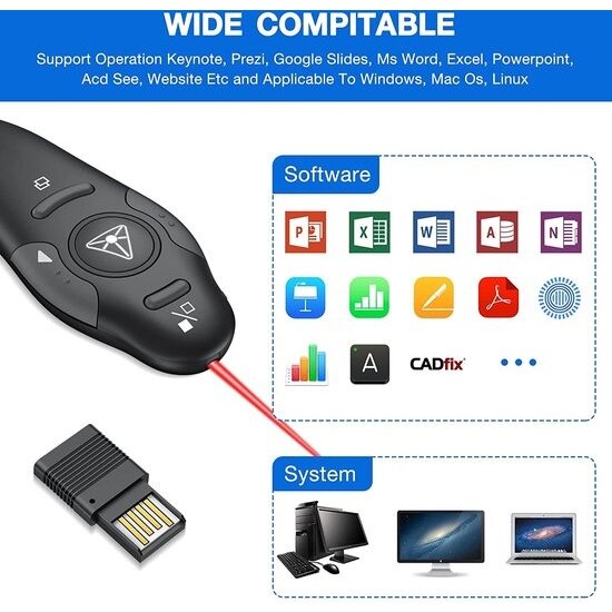 Imtex Imtex Draadloze presenter met laser pointer - Presentatie klikker - 2.4 GHz - 15m - MacOS, Windows, Android - Zwart