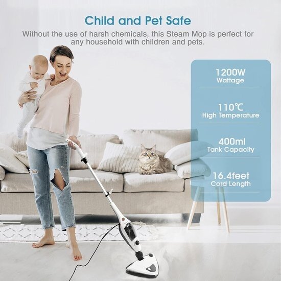 Igoods Igoods Stoomreiniger - Handstomer - Vlekkenreiniger - Met 8 opzetstukken - Met Microvezeldoek - Voor Vloeren, Bank, Badkamer en Tapijt - Wit