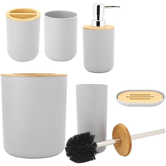 Igoods Igoods Badkamerset - Badkamer - Accessoires - Set van 6 - Zeepdispenser - Zeephouder - Tandenborstelhouder - Prullenbak - Drinkbeker - Toilethouder met Borstel - Grijs