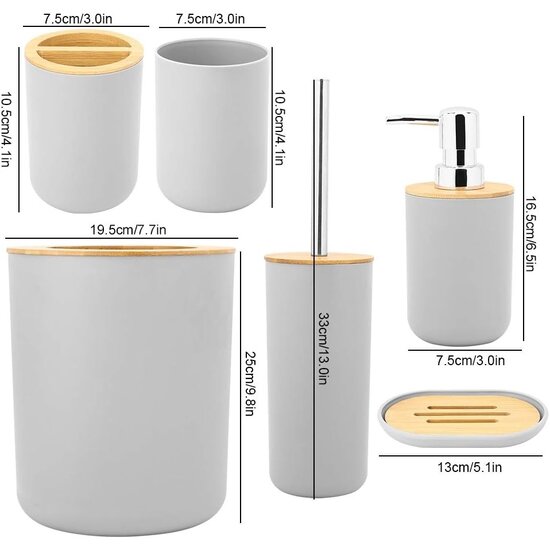 Igoods Igoods Badkamerset - Badkamer - Accessoires - Set van 6 - Zeepdispenser - Zeephouder - Tandenborstelhouder - Prullenbak - Drinkbeker - Toilethouder met Borstel - Grijs
