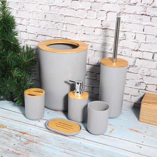 Igoods Igoods Badkamerset - Badkamer - Accessoires - Set van 6 - Zeepdispenser - Zeephouder - Tandenborstelhouder - Prullenbak - Drinkbeker - Toilethouder met Borstel - Grijs