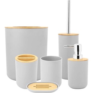 Igoods Badkamerset - Badkamer - Accessoires - Set van 6 - Zeepdispenser - Zeephouder - Tandenborstelhouder - Prullenbak - Drinkbeker - Toilethouder met Borstel - Grijs