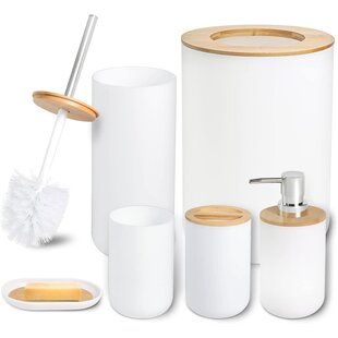 Igoods Badkamerset - Badkamer - Accessoires - Set van 6 - Zeepdispenser - Zeephouder - Tandenborstelhouder - Prullenbak - Drinkbeker - Toilethouder met Borstel - Wit