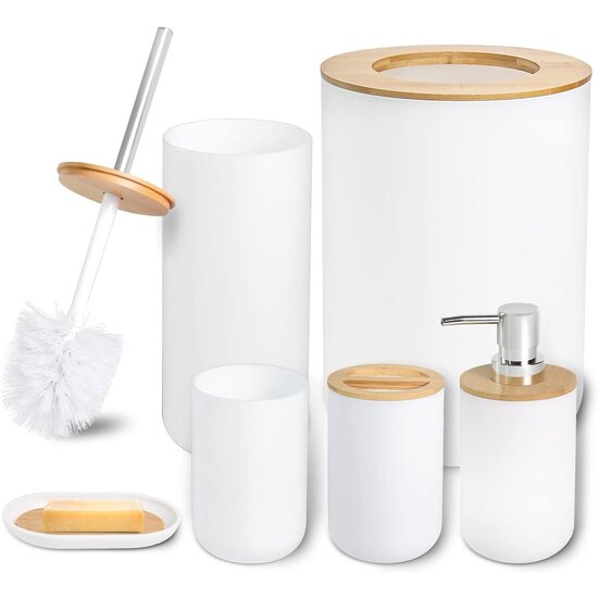 Igoods Igoods Badkamerset - Badkamer - Accessoires - Set van 6 - Zeepdispenser - Zeephouder - Tandenborstelhouder - Prullenbak - Drinkbeker - Toilethouder met Borstel - Wit