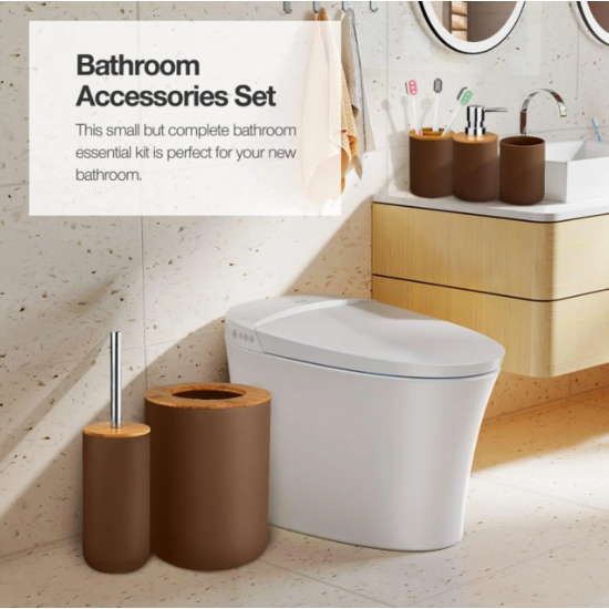 Igoods Igoods Badkamerset - Badkamer - Accessoires - Set van 6 - Zeepdispenser - Zeephouder - Tandenborstelhouder - Prullenbak - Drinkbeker - Toilethouder met Borstel - Bruin