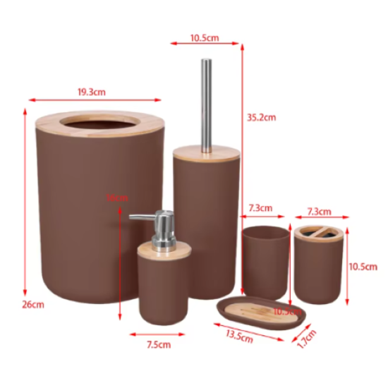 Igoods Igoods Badkamerset - Badkamer - Accessoires - Set van 6 - Zeepdispenser - Zeephouder - Tandenborstelhouder - Prullenbak - Drinkbeker - Toilethouder met Borstel - Bruin