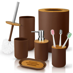 Igoods Badkamerset - Badkamer - Accessoires - Set van 6 - Zeepdispenser - Zeephouder - Tandenborstelhouder - Prullenbak - Drinkbeker - Toilethouder met Borstel - Bruin