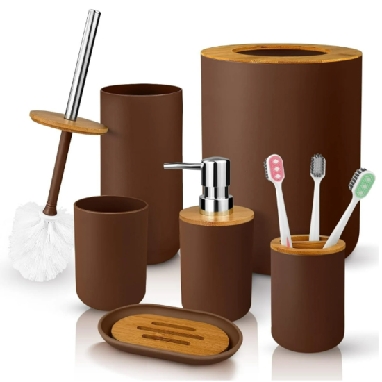 Igoods Igoods Badkamerset - Badkamer - Accessoires - Set van 6 - Zeepdispenser - Zeephouder - Tandenborstelhouder - Prullenbak - Drinkbeker - Toilethouder met Borstel - Bruin