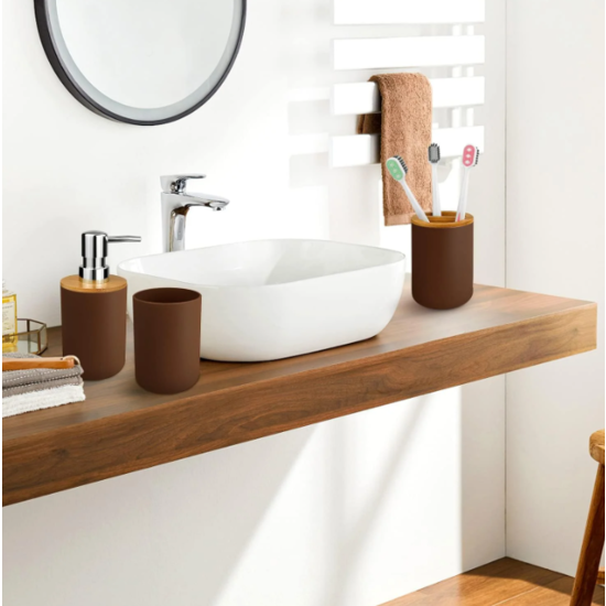 Igoods Igoods Badkamerset - Badkamer - Accessoires - Set van 6 - Zeepdispenser - Zeephouder - Tandenborstelhouder - Prullenbak - Drinkbeker - Toilethouder met Borstel - Bruin