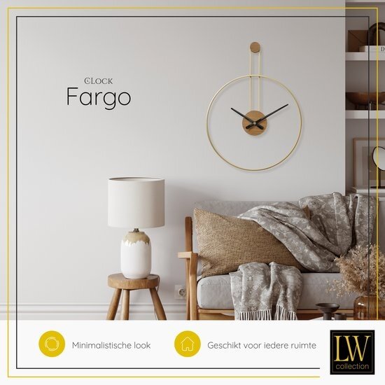 LW collection LW Collection Wandklok goud Fargo 55cm - grote industriële gouden wandklok - Moderne wandklok goudkleurig industrieel - Stil uurwerk