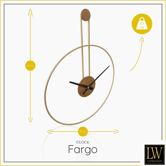 LW collection LW Collection Wandklok goud Fargo 55cm - grote industriële gouden wandklok - Moderne wandklok goudkleurig industrieel - Stil uurwerk