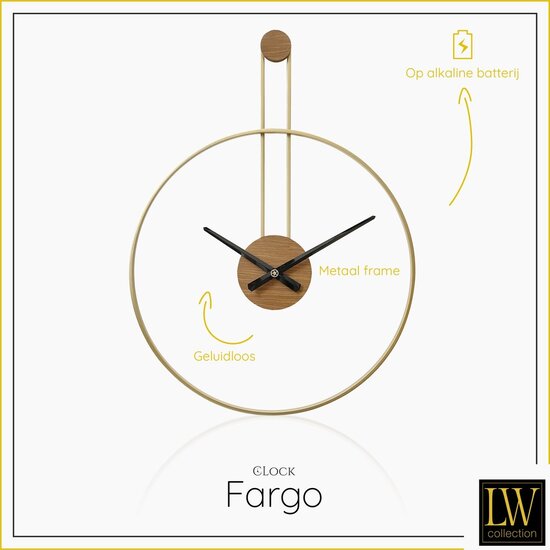 LW collection LW Collection Wandklok goud Fargo 55cm - grote industriële gouden wandklok - Moderne wandklok goudkleurig industrieel - Stil uurwerk