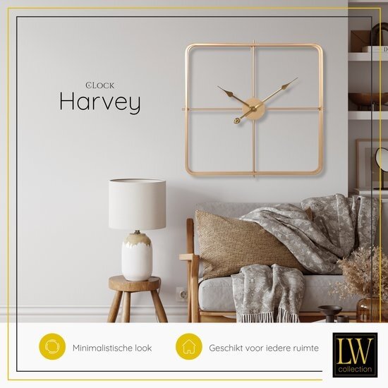 LW collection LW Collection Moderne gouden Klok 80cm - Grote industriële wandklok goud - minimalistische vierkante wandklok industrieel