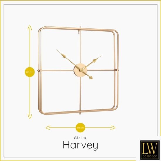 LW collection LW Collection Moderne gouden Klok 80cm - Grote industriële wandklok goud - minimalistische vierkante wandklok industrieel