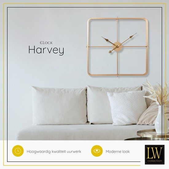 LW collection LW Collection Moderne gouden Klok 80cm - Grote industriële wandklok goud - minimalistische vierkante wandklok industrieel