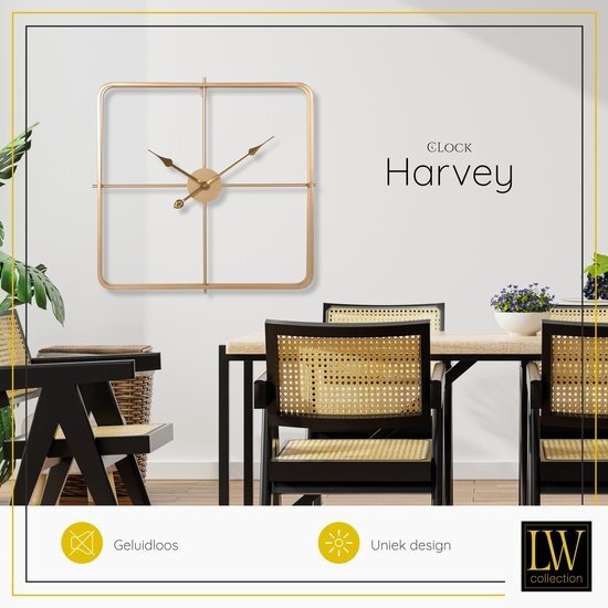 LW collection LW Collection Moderne gouden Klok 80cm - Grote industriële wandklok goud - minimalistische vierkante wandklok industrieel